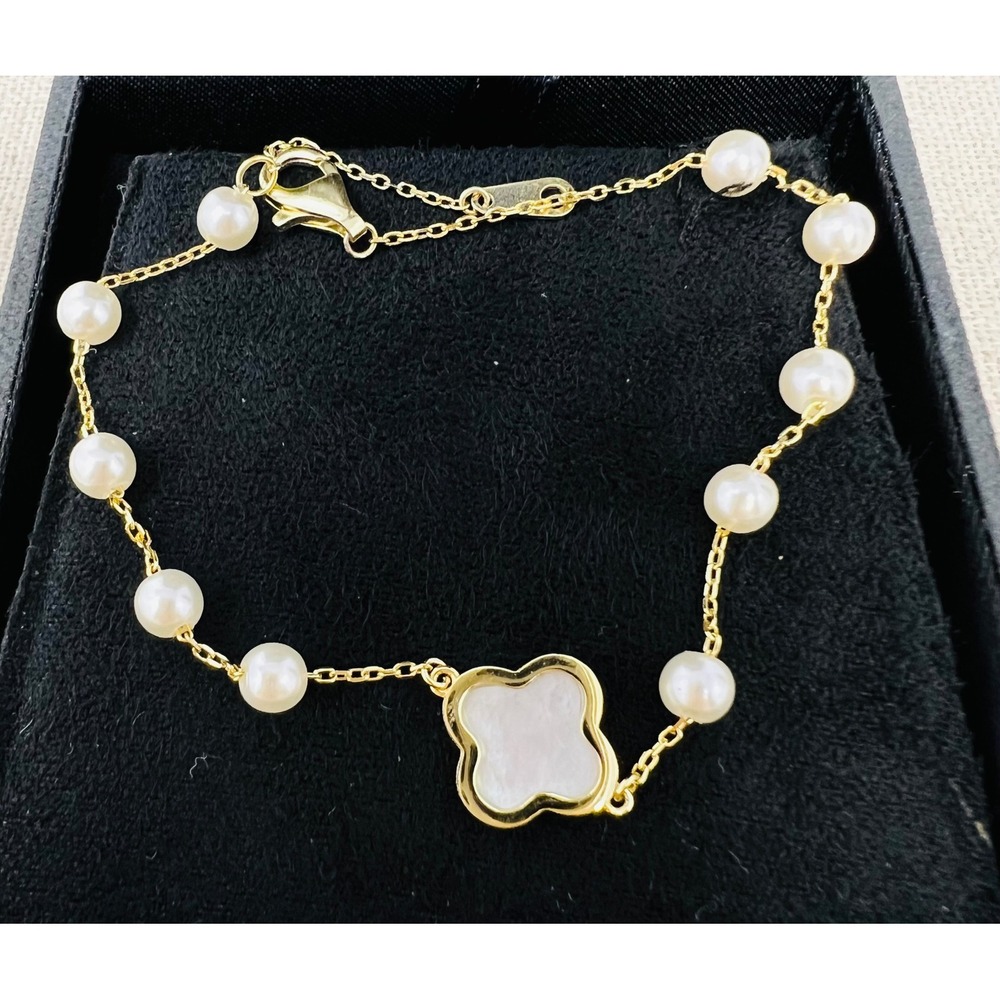 Gold Vermeil Sterling Silver Pearl Clover Station Bracelet Mother of Pearl